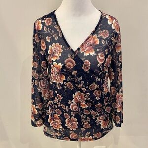 Tahari sheer navy blue floral wrap front blouse size small
